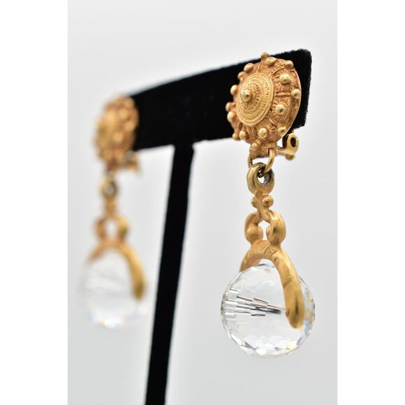 DKNY Vintage Crystal Ball Clip Earrings Antiqued Brushed Gold Signed 1980s BinW - Picture 2 of 12